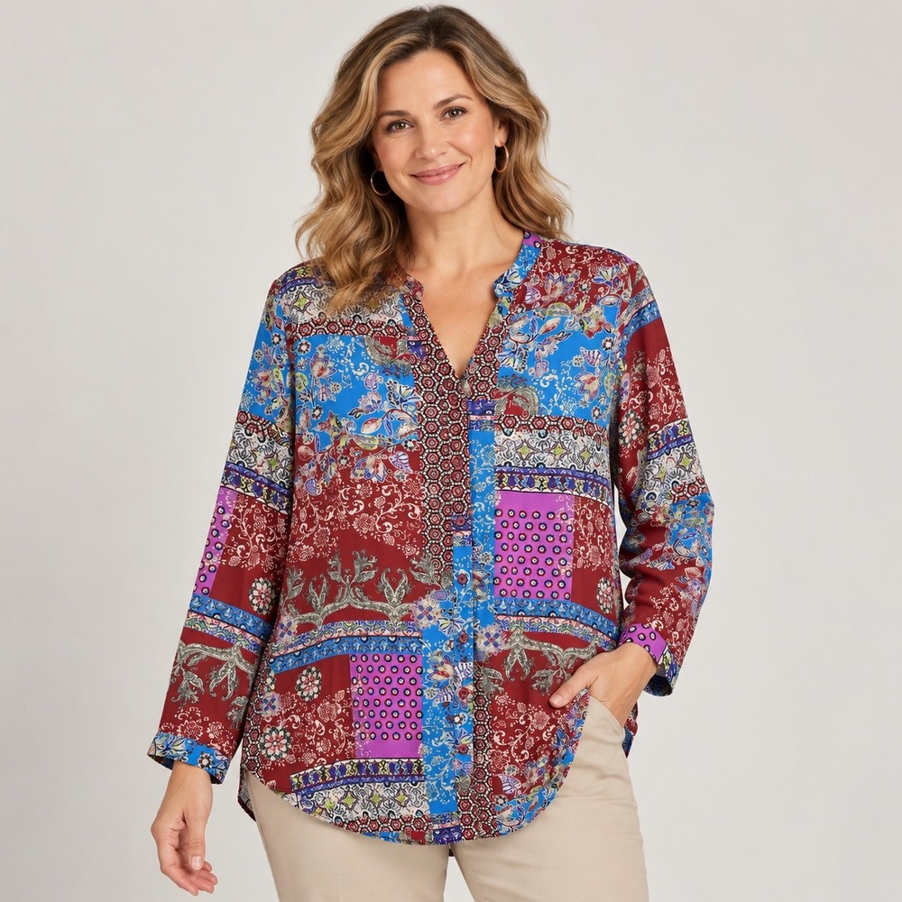 Joan Rivers Blouse Womens 12 Red Multi Patchwork Floral Long Sleeve Tunic Top